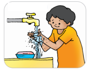 A boy open the tap