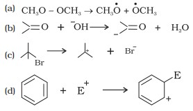 the following bond cleavages, use curved-arrows to show the electron flow and classify each as homolysis or heterolysis. Identify reactive intermediate produced as free radical, carbocation and carbanion