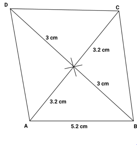 A parallelogram ABCD with AB=5.2 cm, AC=6.4 cm, BD=6 cm
