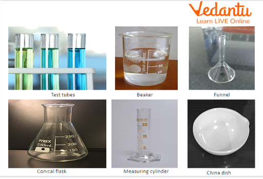 Laboratory apparatus (Test tubes, beaker, funnel, conical flask, measuring cylinder, China dish)