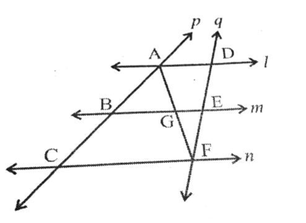 l, m, n are three parallel lines intersected by transversals P and such that l, m and $n$ cut off equal intercepts ${\text{AB}}$ and ${\text{BC}}$ on ${\text{P}}$