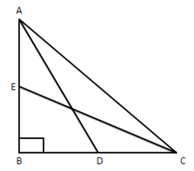 $ \vartriangle ABC $ with $ \angle B={{90}^{{}^\circ }},\text{AD} $ and $ \text{CE} $