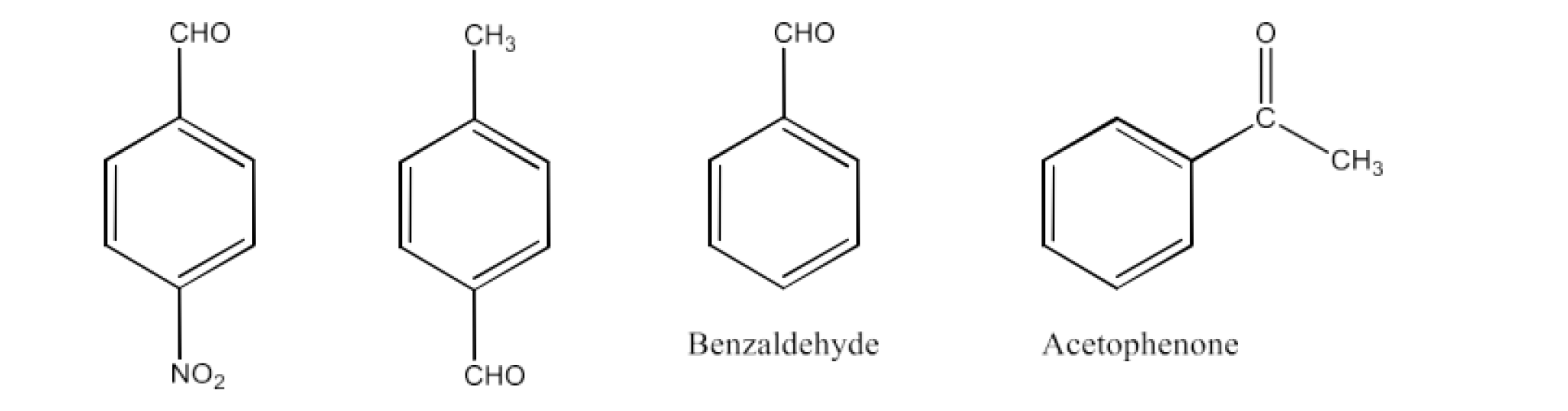 Benzaldehyde, p-Tolualdehyde, p-Nitrobenzaldehyde, Acetophenone