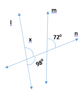 Adjoining figure of lines l and m with 98 and 72 degrees